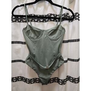 NWT Milly Cabana solid green one-piece bustier open back belted swimsuit size P